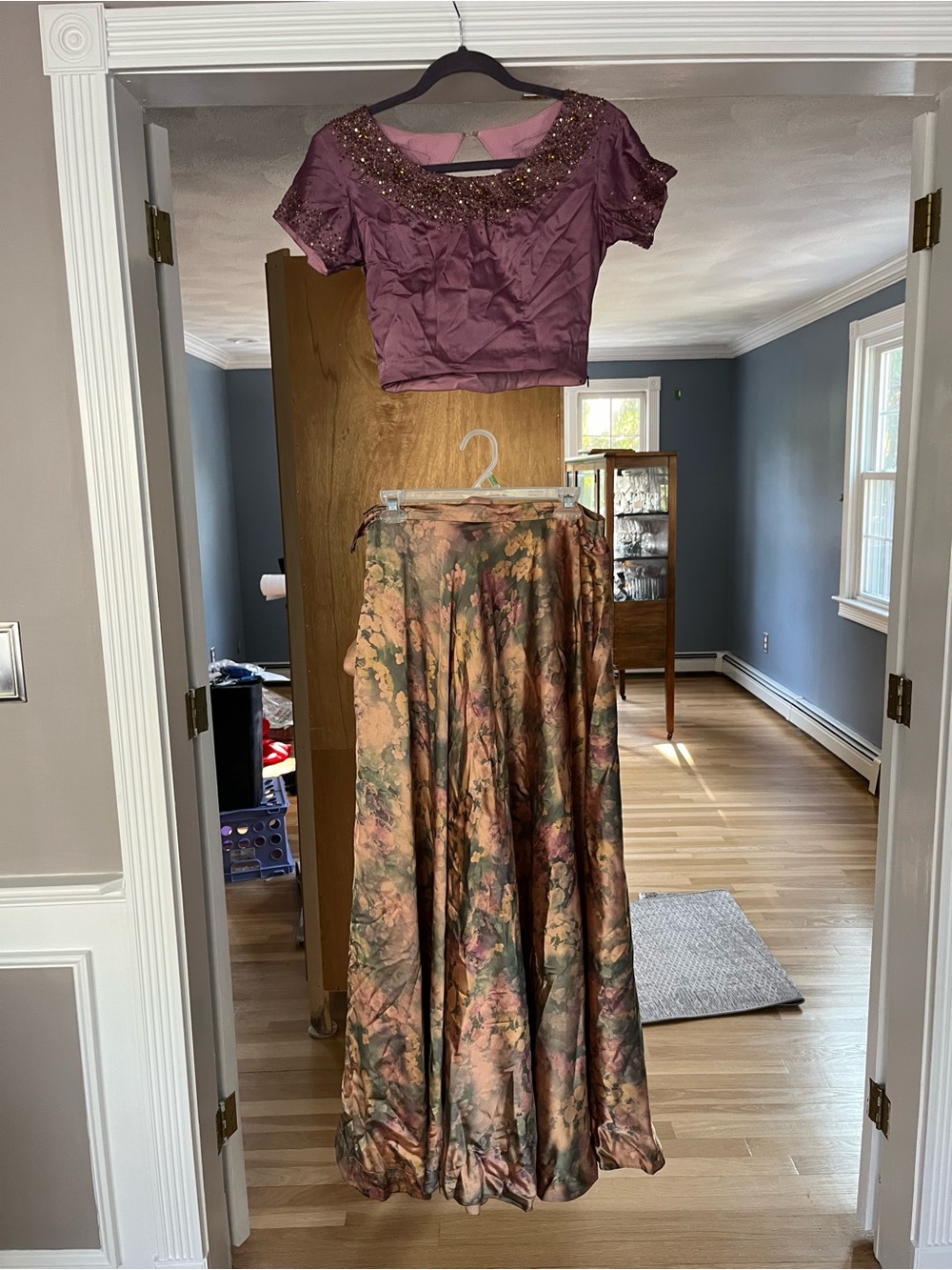 Beaded Mauve Crop Top with Floral Satin Maxi Skirt - Women Skirt Set